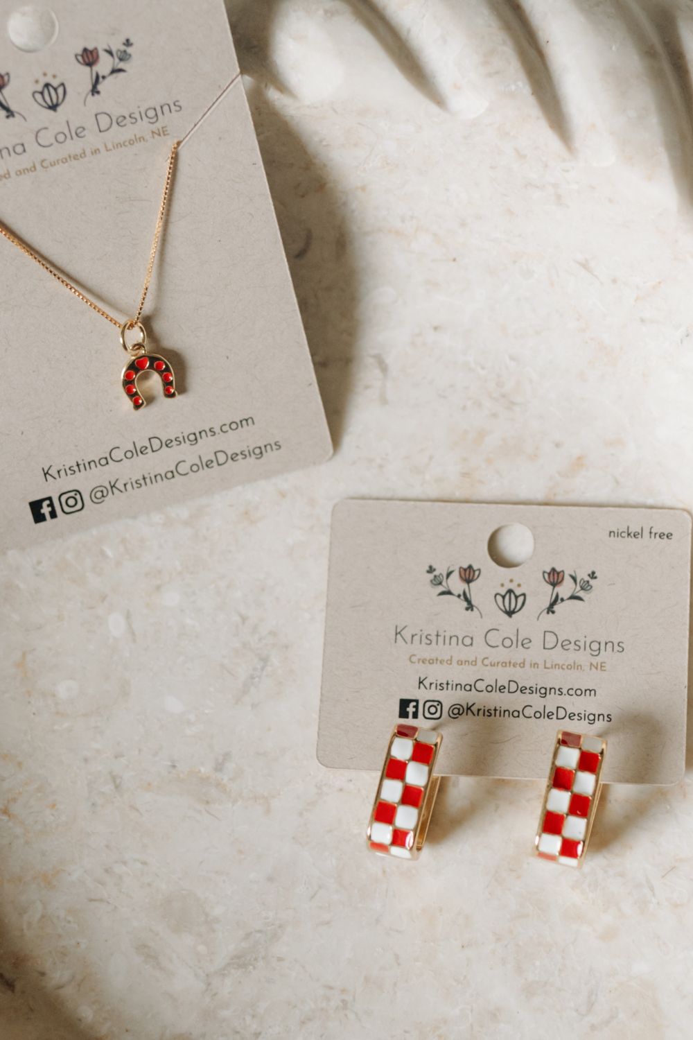 Checkered Enamel U-Hoop Earrings - Red and White