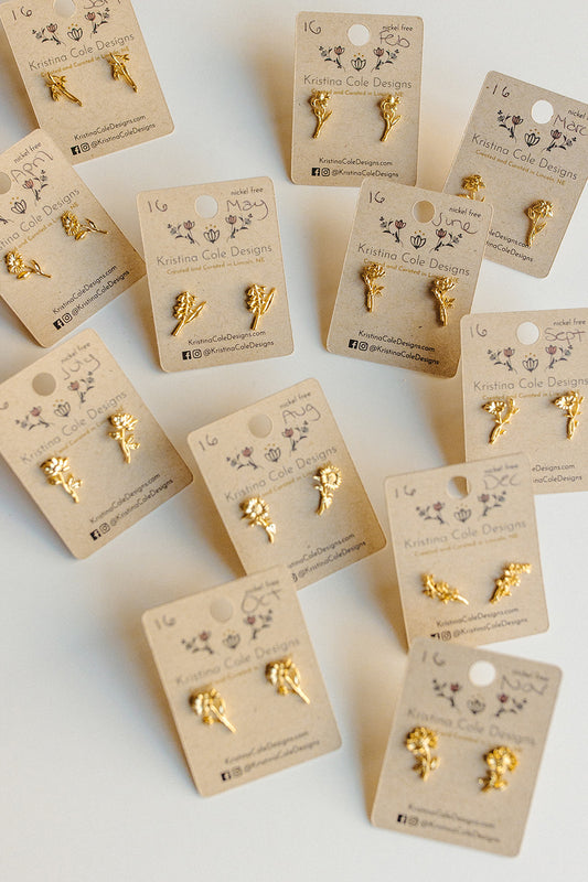 Gold Birth Flower Stud Earrings