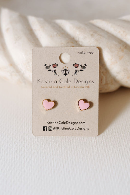 Pink Enamel Heart Stud Earrings
