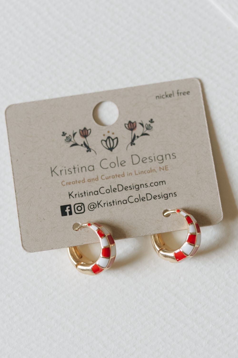 Red and White Checkered Enamel Hoops - Gold