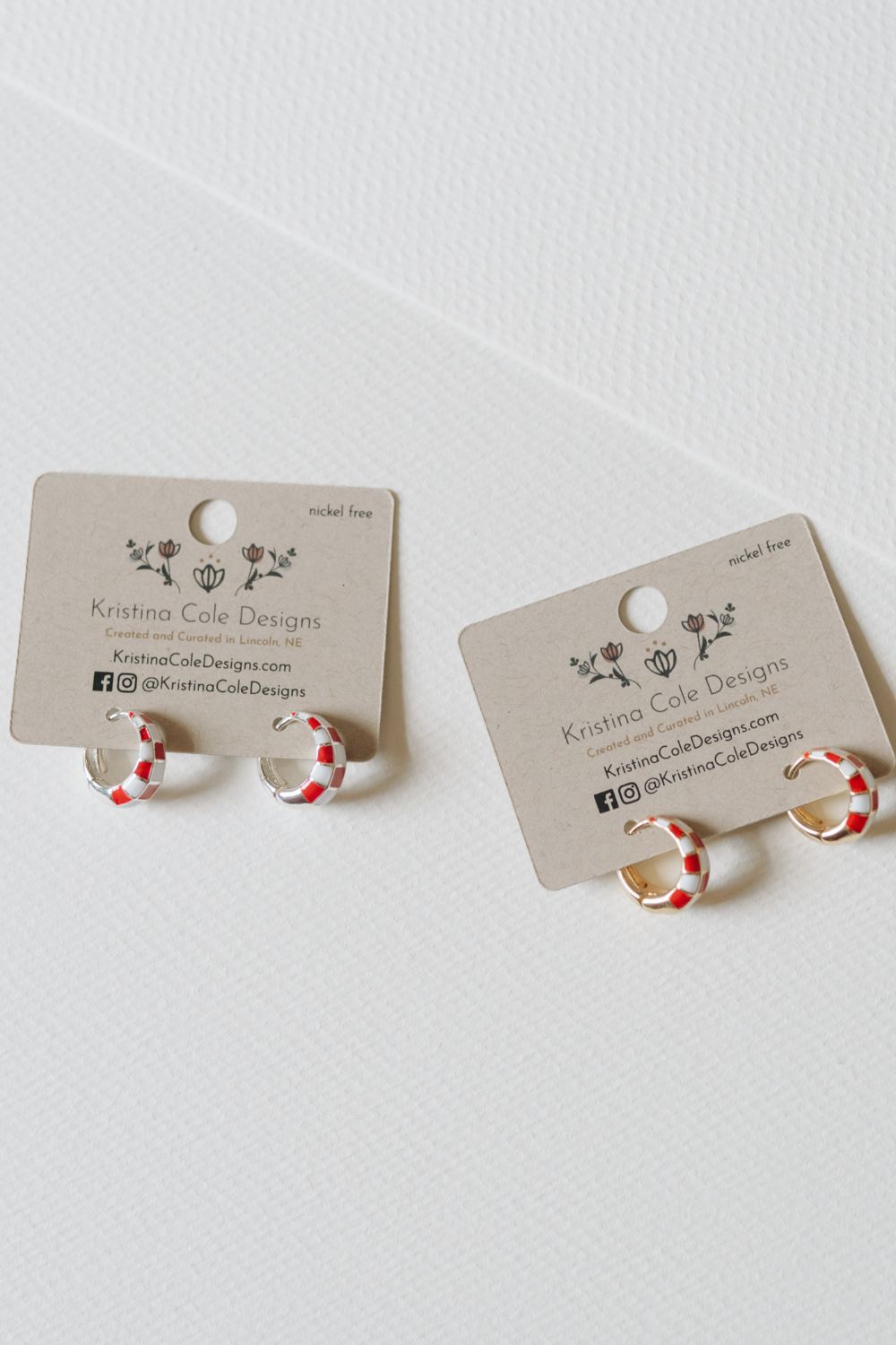 Red and White Checkered Enamel Hoops - Gold