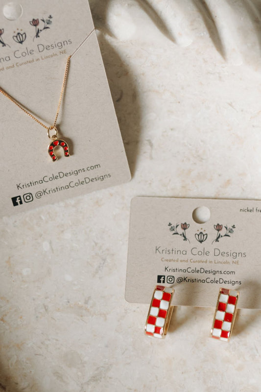 Red and White Checkered Enamel Horseshoe Necklace - Gold
