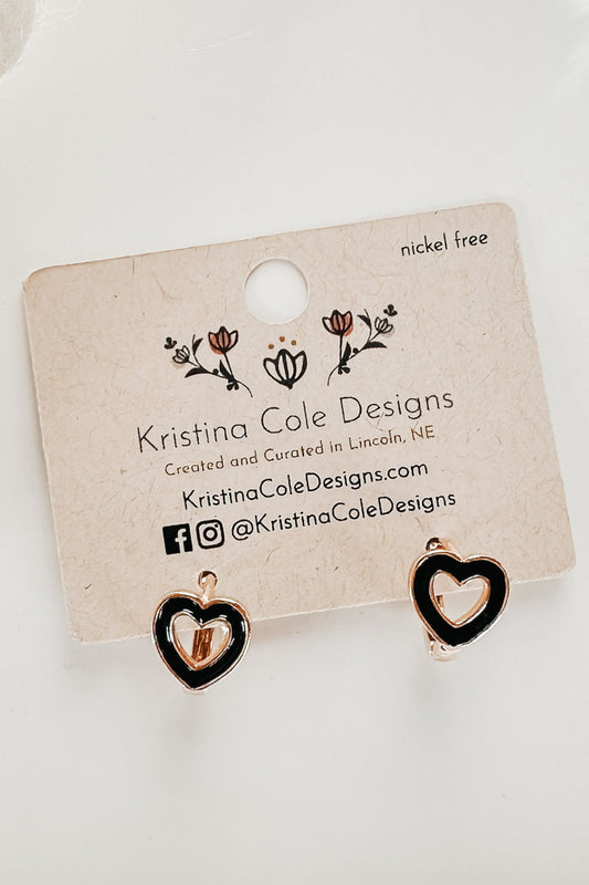 Black Enamel Cutout Heart Huggie Earrings