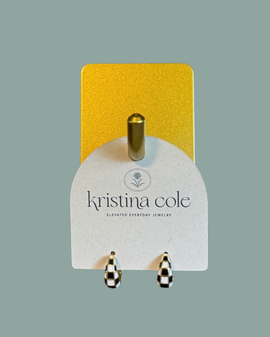 Black and White Checkered Huggie Hoops - Gold