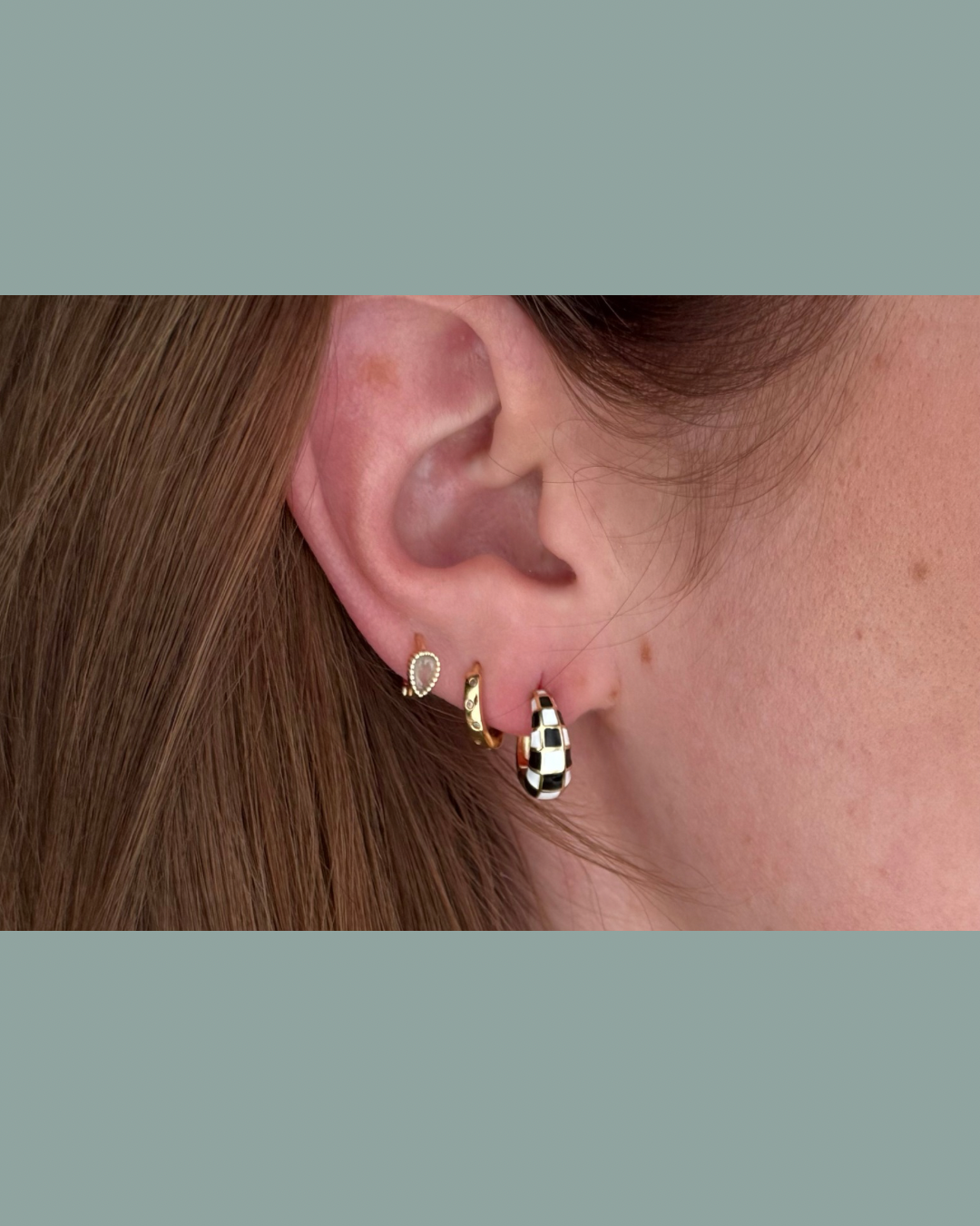 Black and White Checkered Huggie Hoops - Gold
