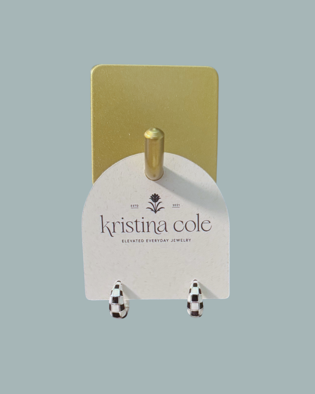 Black and White Checkered Huggie Hoops - Silver