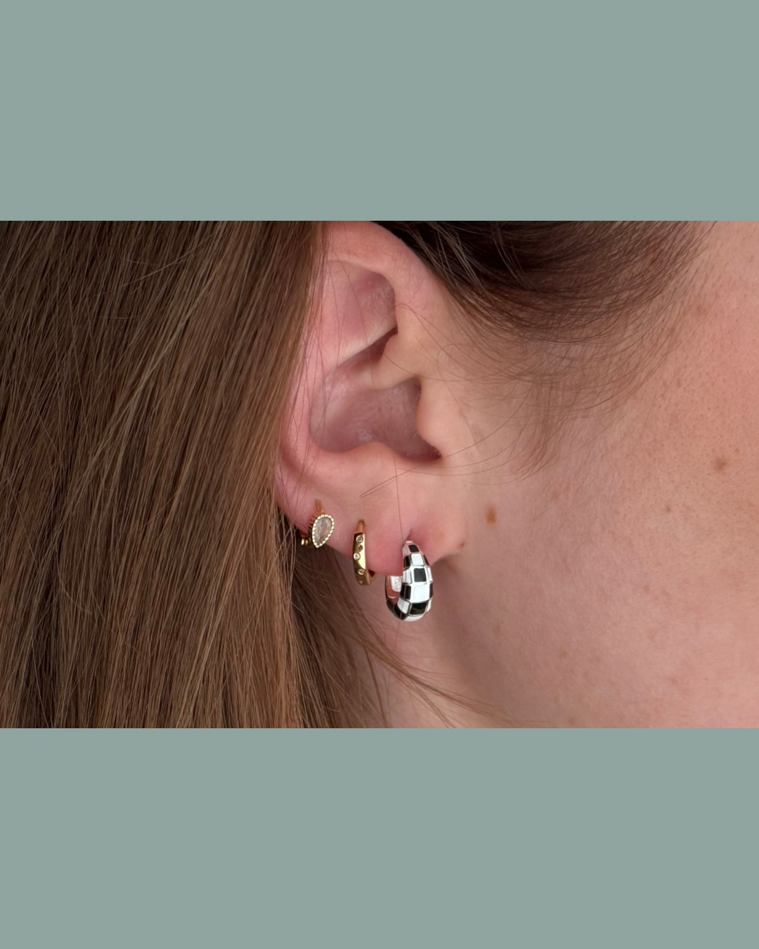 Black and White Checkered Huggie Hoops - Silver