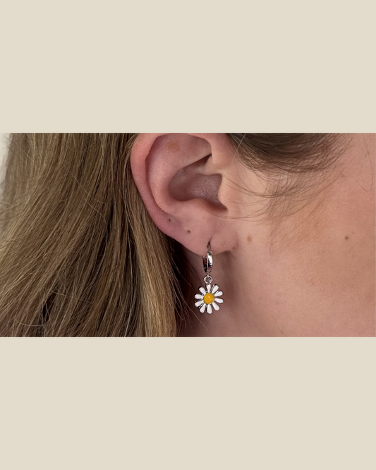 White Daisy Huggie Hoops