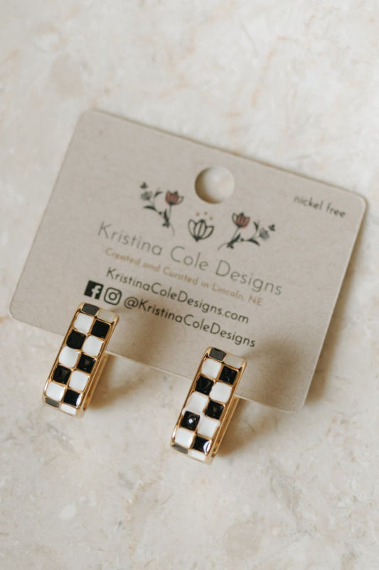 Checkered Enamel U-Hoop Earrings - Black and White