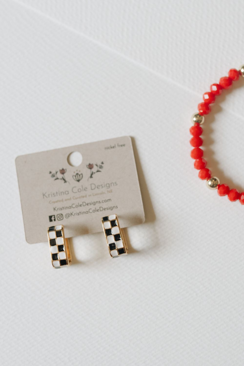 Checkered Enamel U-Hoop Earrings - Black and White