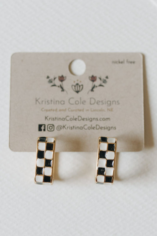 Checkered Enamel U-Hoop Earrings - Black and White