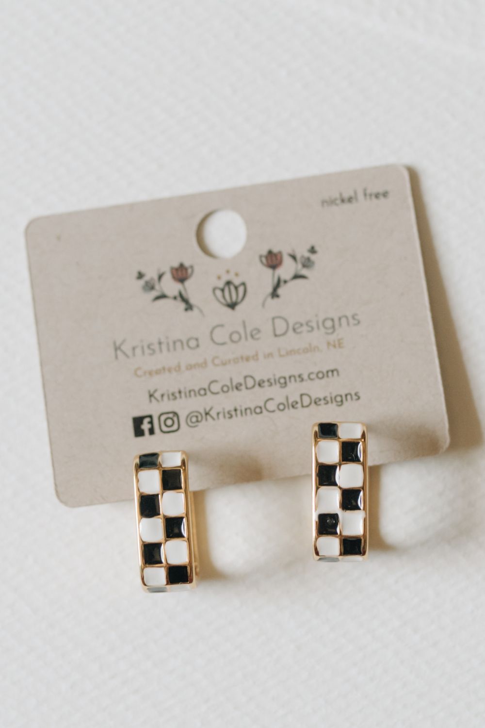 Checkered Enamel U-Hoop Earrings - Black and White