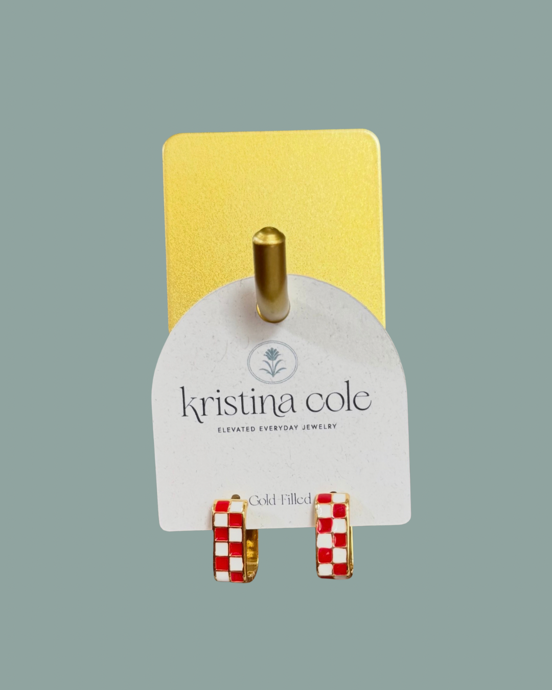 Checkered Enamel U-Hoop Earrings - Red and White