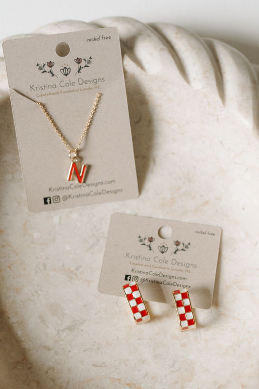 Checkered Enamel U-Hoop Earrings - Red and White