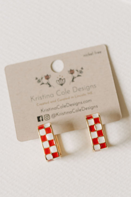 Checkered Enamel U-Hoop Earrings - Red and White