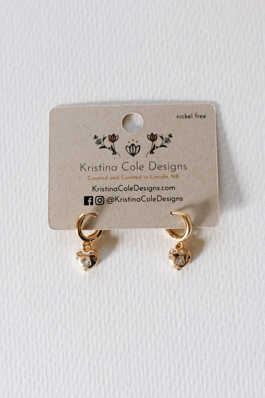 Gold Heart Huggies with Stone Accents