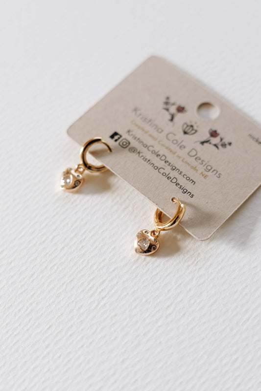 Gold Heart Huggies with Stone Accents