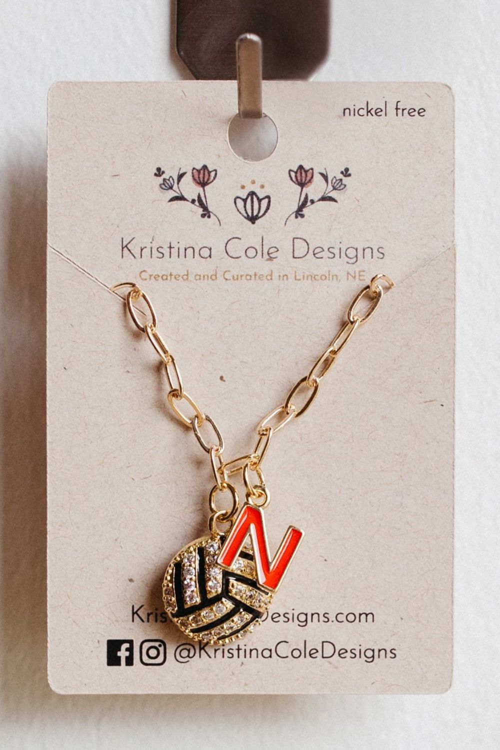 Gold/Diamond Nebraska volleyball Charm Necklace