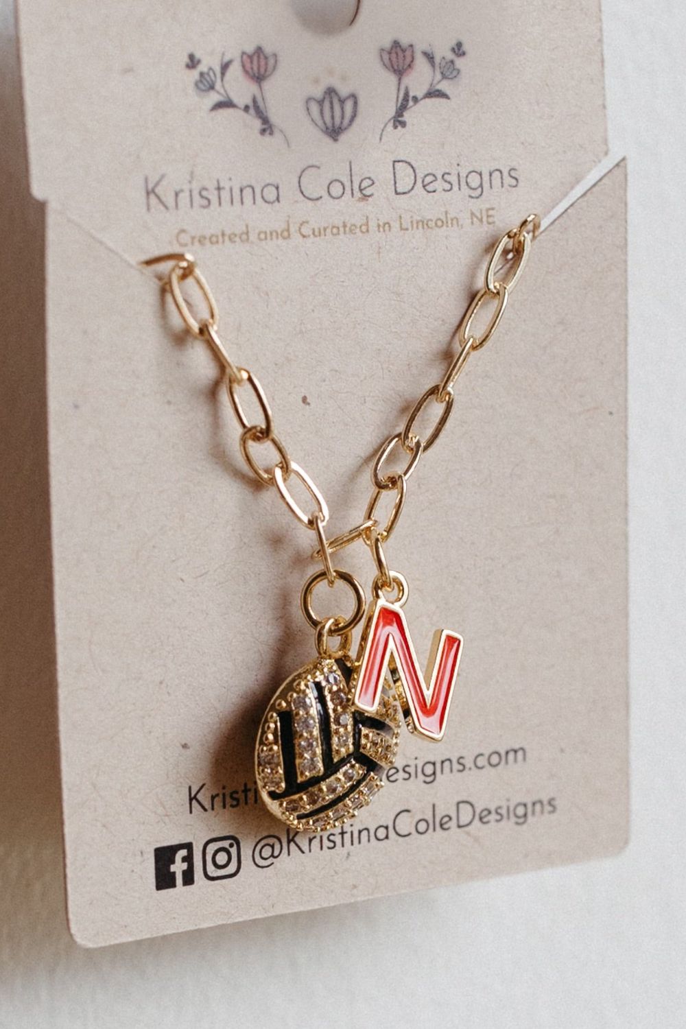 Gold/Diamond Nebraska volleyball Charm Necklace