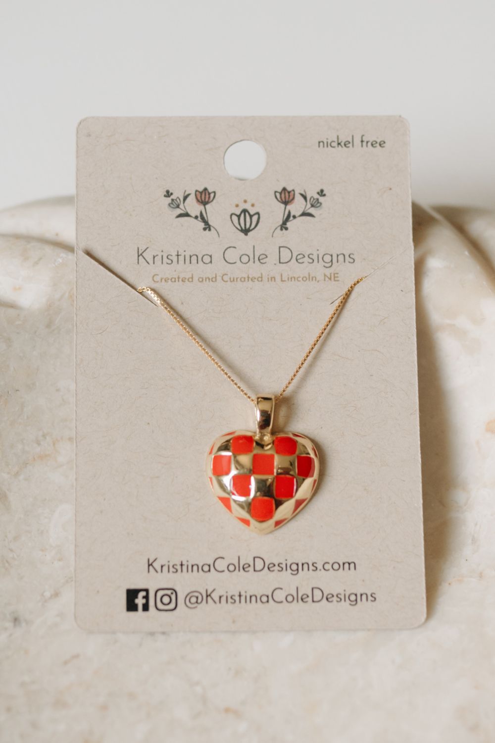 Gold and Red Checkered Heart Charm Necklace