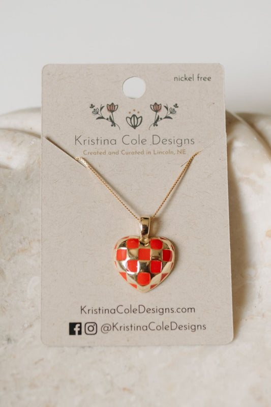Gold and Red Checkered Heart Charm Necklace