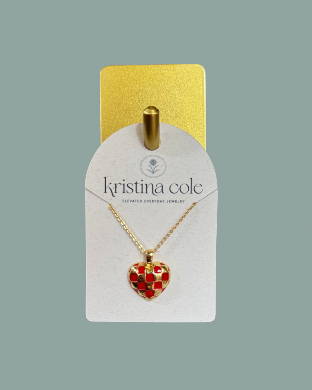 Gold and Red Checkered Heart Charm Necklace