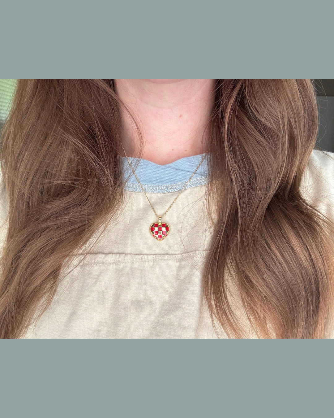 Gold and Red Checkered Heart Charm Necklace