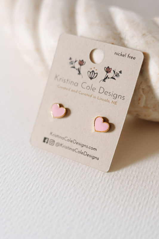 Pink Enamel Heart Stud Earrings