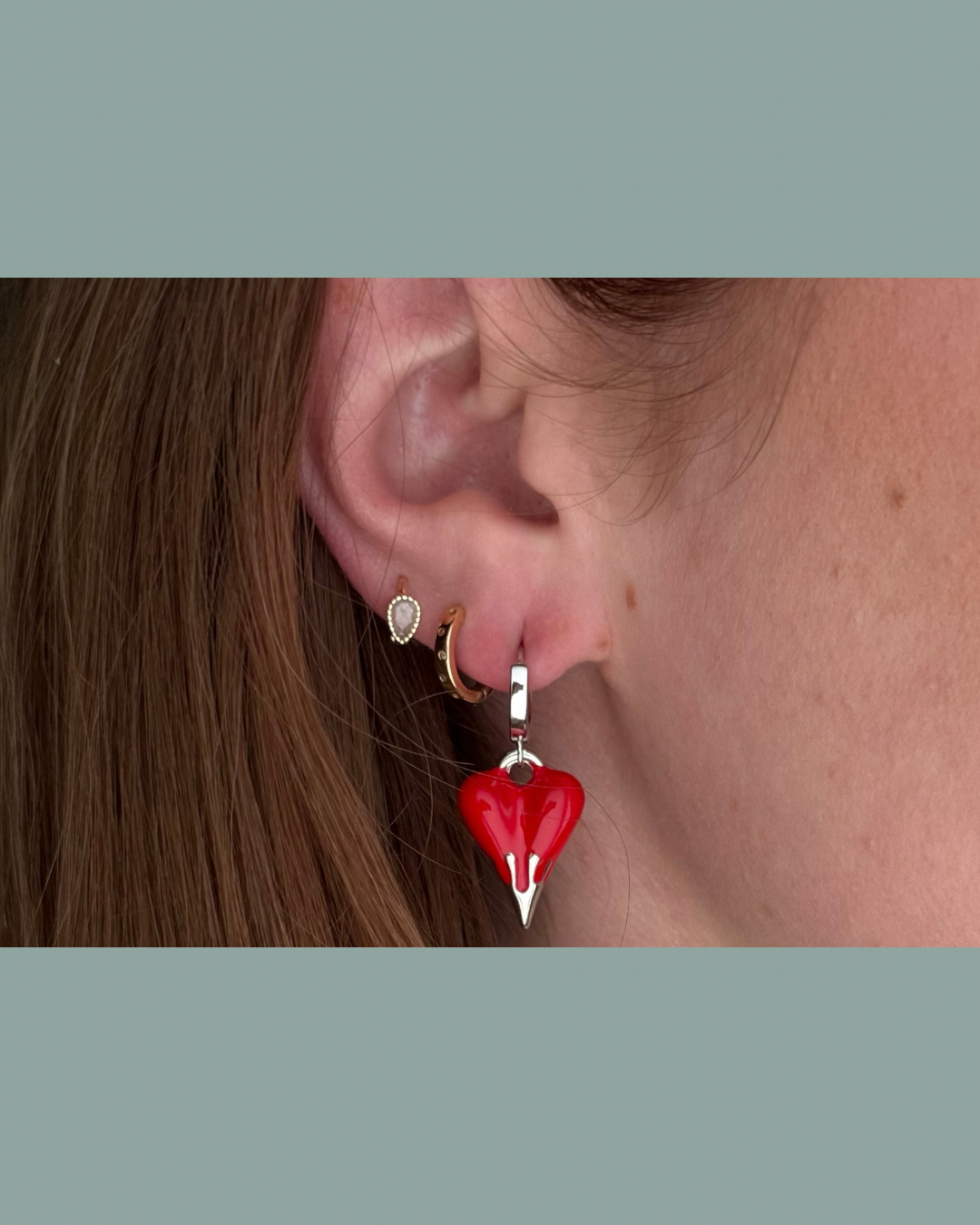 Red Drip Heart Silver Dangles