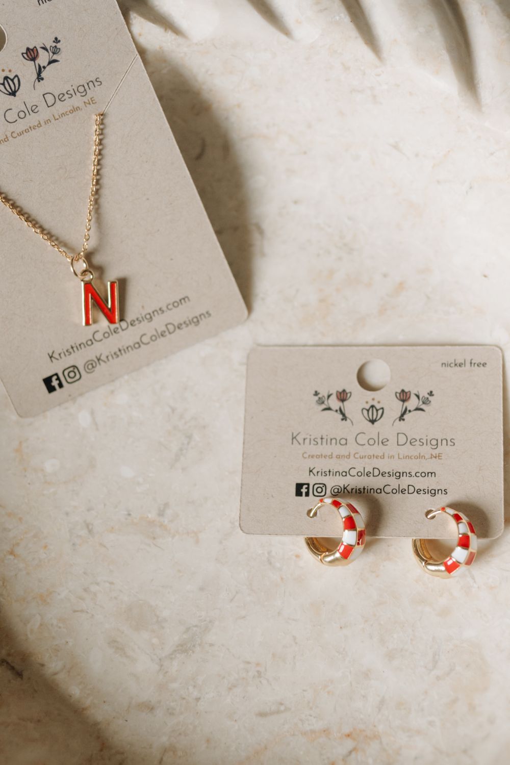 Red and White Checkered Enamel Hoops - Gold