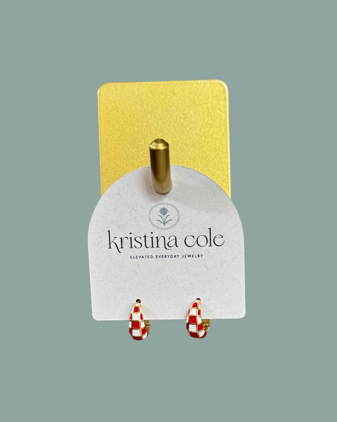Red and White Checkered Enamel Hoops - Gold