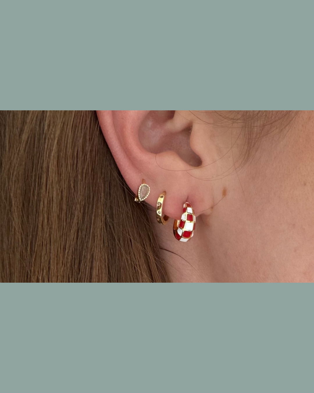 Red and White Checkered Enamel Hoops - Gold