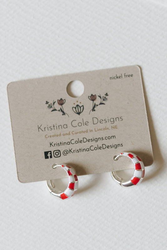 Red and White Checkered Enamel Hoops - Sliver