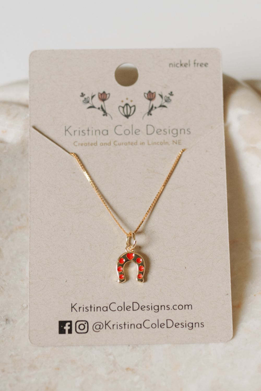Red and White Checkered Enamel Horseshoe Necklace - Gold