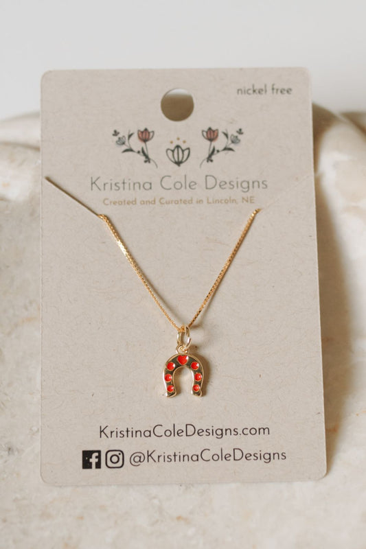Red and White Checkered Enamel Horseshoe Necklace - Gold