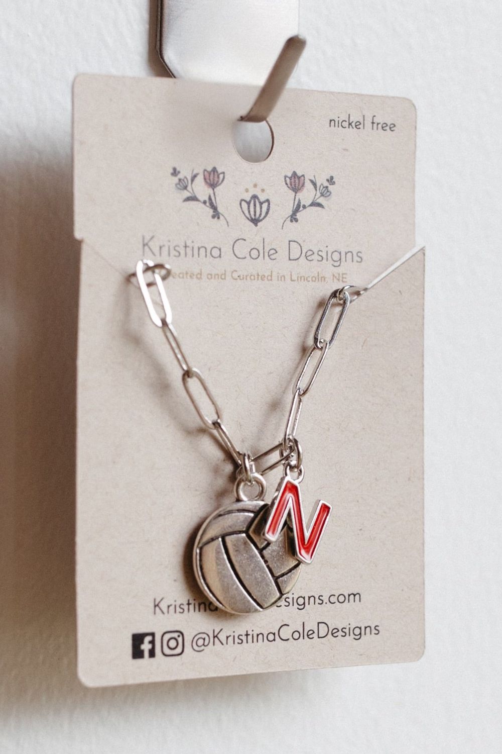 Silver Nebraska Volleyball Charm Necklace