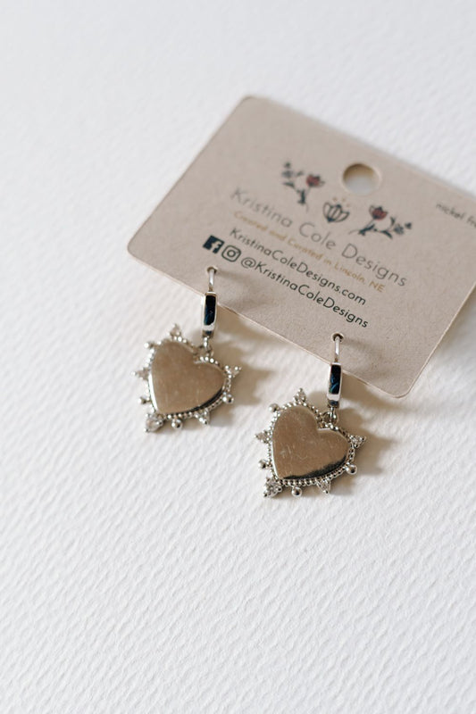 Stone Studded Silver Heart Huggies