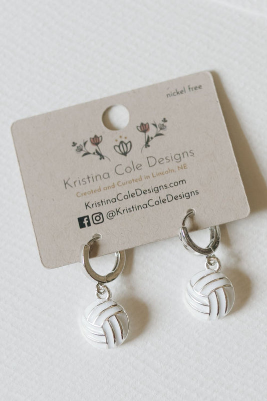 Volleyball Enamel Huggie Earrings - Silver