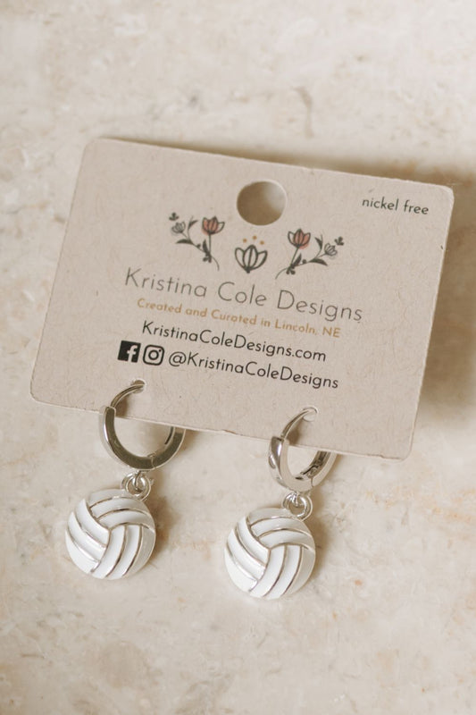 Volleyball Enamel Huggie Earrings - Silver