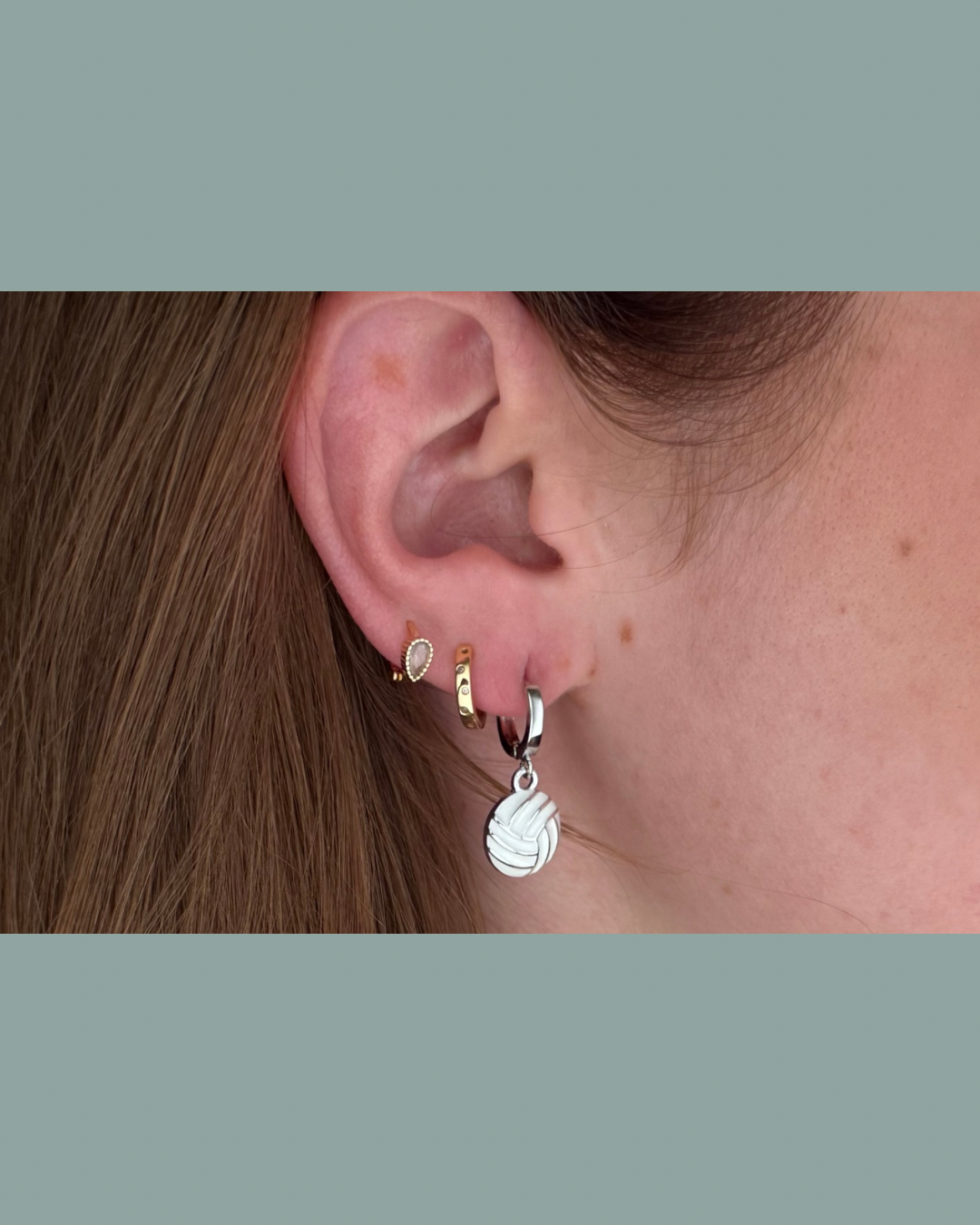 Volleyball Enamel Huggie Earrings - Silver