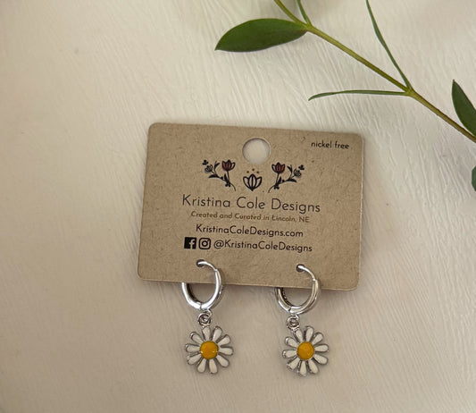 White Daisy Huggie Hoops